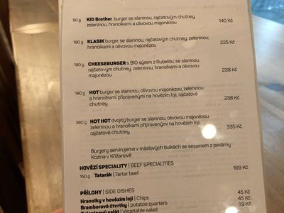 Mitrovský Angus - Jídelní lístek - Burgery